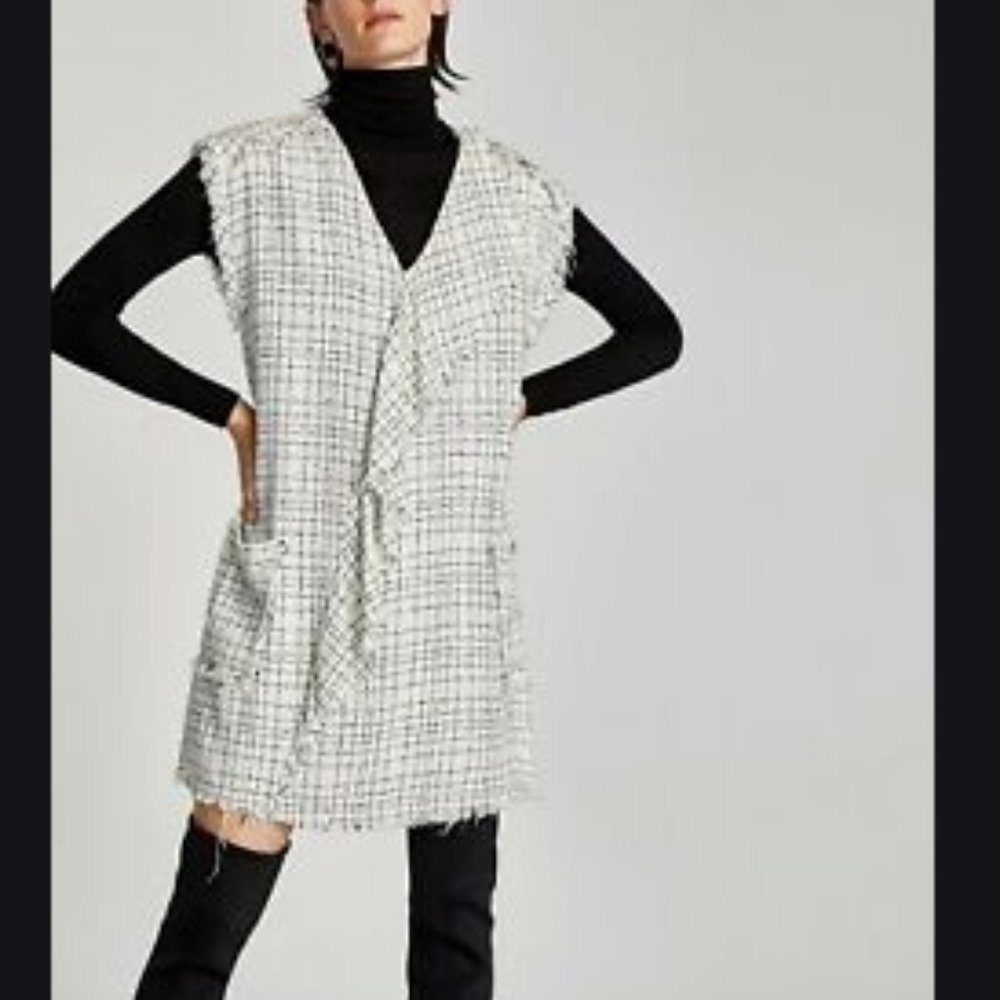 Zara Tweed Asymmetric Ruffle Dress V Neck Pockets